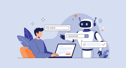 Man working on a laptop receives help from an AI chatbot for searching and validating information online, showing human-robot collaboration.