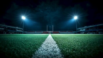 Nighttime sports stadium field with white center line leading toward goal posts under floodlights - Powered by Adobe