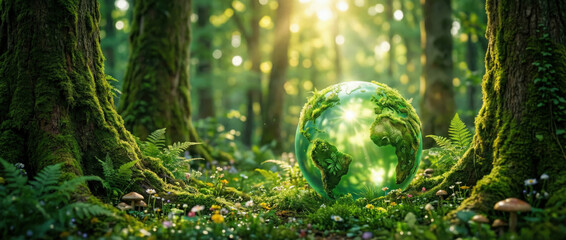 Lush green forest floor with a glowing earth sphere surrounded by moss and ferns