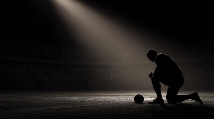 Athlete kneeling in spotlight with football