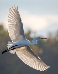 A large, white bird with long wings is captured in mid-flight against a blurred background of trees and a bright sky. The sun highlights the wings