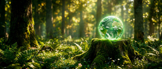 Glowing Earth globe rests on mossy tree stump in sunlit forest clearing