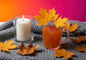 Warm Amber Beverage and Lit Candle on Knit Blanket, Surrounded by Bright Maple Leaves for Cozy Autumn and Hygge Lifestyle Marketing.