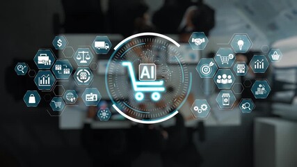 A visual representation of a digital shopping cart integrated with artificial intelligence icons, emphasizing the evolution of e-commerce and data analytics. Raster - Powered by Adobe