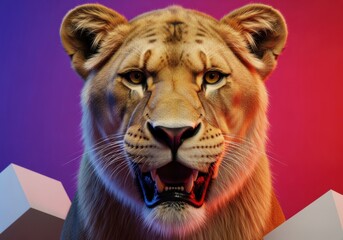 Intense Lioness Portrait with Open Mouth and Fangs under Dramatic Duotone Neon Lighting, Symbolizing Strength and Digital Power.