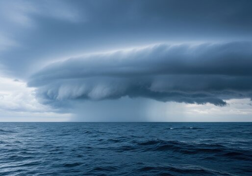 Massive Shelf Cloud Storm Looming Over Dark Ocean Waves, Representing Crisis, Climate Change, and Environmental Turbulence.