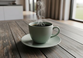 Hot Coffee Steaming in Modern Mint Mug on Rustic Wood Table by Sunny Window, symbolizing a cozy morning routine and productivity boost.