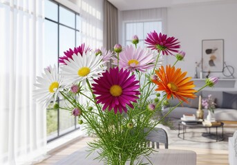 Vibrant Bouquet of Colorful Flowers Decorating a Bright Modern Living Room Interior for Home Decor Advertising and Lifestyle Staging