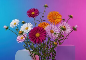 Vibrant Aster Flowers Bouquet on Geometric Podium Display. High-Impact, Colorful CGI Design for Modern Beauty and Maximalist Product Branding.