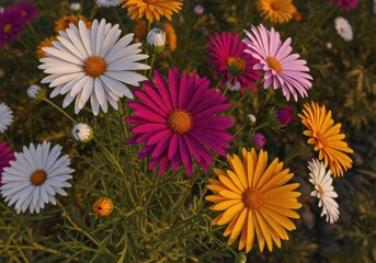 Vibrant Daisy Flowers Blooming at Golden Hour: Close-up of Mixed Color Osteospermum in a Lush Spring Garden for Wellness Design.