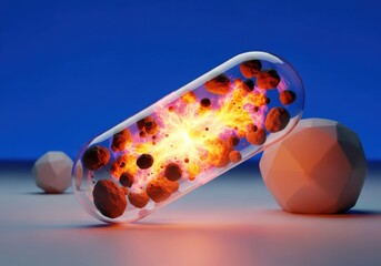 Powerful Nano Drug Capsule Exploding with Fiery Energy: Targeted Pharmaceutical Breakthrough and Fast-Acting Medicine Concept.