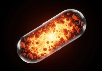 High-Potency Energy Pill bursting with glowing fiery rocks, illustrating maximum efficacy and instant power release for pharmaceutical marketing.