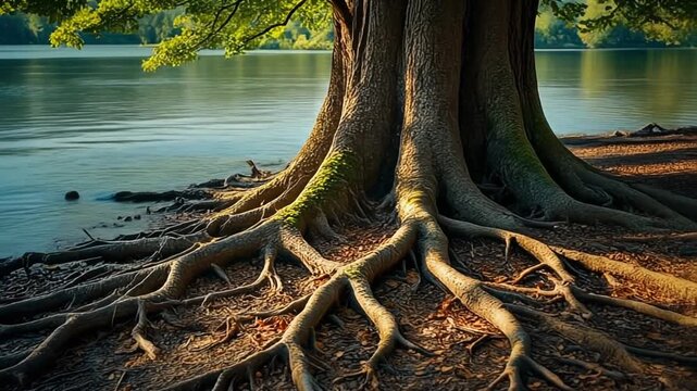 Extensive exposed roots of a large old tree anchoring it to the shoreline of a peaceful lake, bathed in sunlight