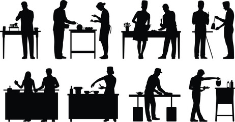 People cooking silhouette collection showing chefs and home cooks preparing food representing kitchen activity culinary art teamwork lifestyle concept