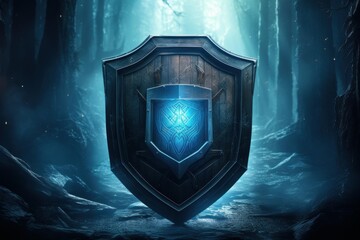 Fototapeta premium Magical shield radiating blue energy in a mysterious, enchanted woodland