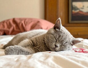 Gray kitten sleeping peacefully on a bed, eyes closed, calm pose