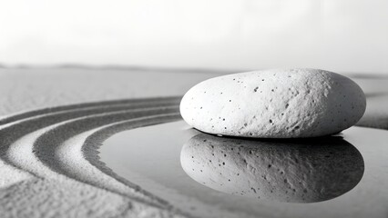 A serene zen garden features balanced stones and white pebbles on raked sand, creating a harmonious spa concept of meditation and spiritual wellness through simplicity and calm nature