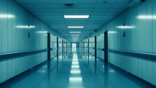 Empty hospital corridor with glossy floor, blue walls, doors, and ceiling lights in linear perspective