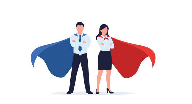 Businessman and businesswoman standing confidently with superhero capes, symbolizing leadership, power, and success in the corporate world.
