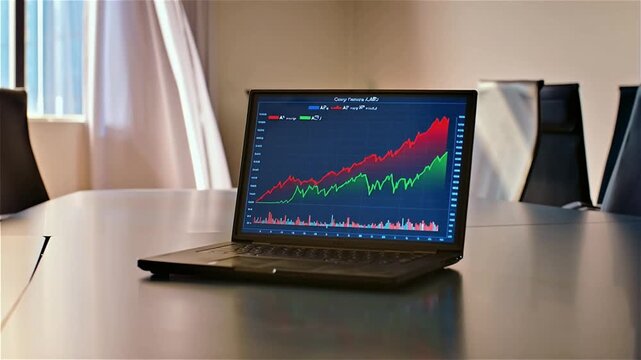 A close-up of the business meeting room table shows a laptop screen lit up, displaying a cross-market comparison line chart. The stock curve is rising in red, correlated with the stock price movement.