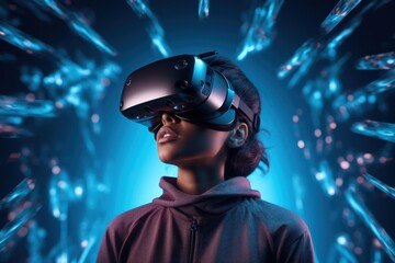Young woman wearing vr headset experiencing immersive digital technology in a futuristic setting