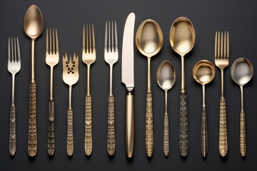 Collection of antique style gold and silver flatware with decorative handles arranged on a dark background