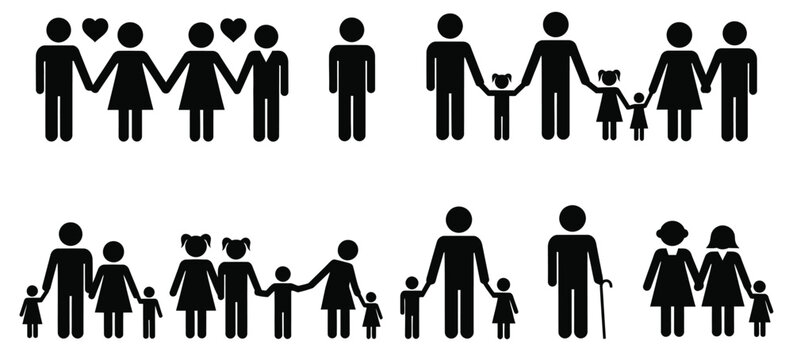 Black stick figure families and couples holding hands on white background family people