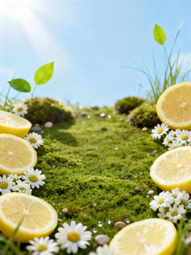 Fresh Lemon Slices and Daisy Flowers on Lush Green Moss for Product Display Background