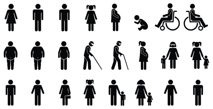 Collection of black human silhouette icons representing diversity and life stages person