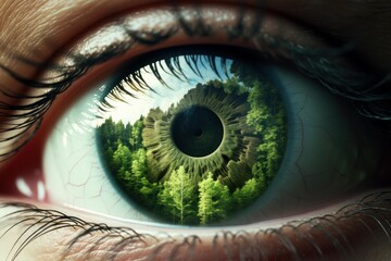 Human eye shows a forest and a landscape within its iris, symbolizing nature connection