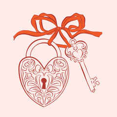 Whimsical Heart-shaped padlock and key, Hand drawn love symbol, Romantic element for invitations, greeting cards, scrapbooking, sticker, decorative etc.