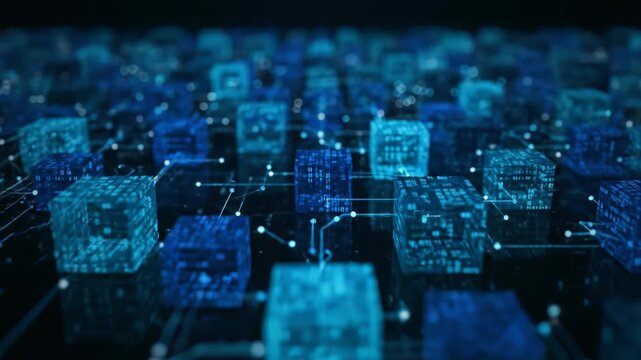 Abstract visualization of interconnected blue digital data blocks forming a decentralized network structure, concept for blockchain technology, secure data transfer and future computing infrastructure