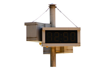 Digital clock time LED red number on black digital electric at Time 12.50 PM. on white signal tower dial isolated on cutout PNG or transparent background. Time symbol concept for celebrating New Year.