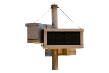 Digital clock time LED red number on black digital electric at Time 12.50 PM. on white signal tower dial isolated on cutout PNG or transparent background. Time symbol concept for celebrating New Year.