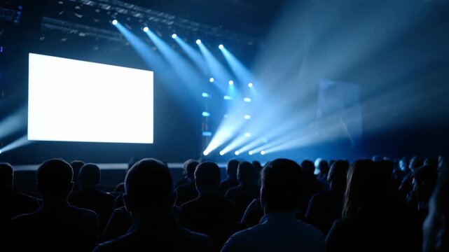 Silhouettes of business professionals watching a large blank presentation screen under dramatic blue stage lighting, concept for corporate identity, keynote presentation and product launch event