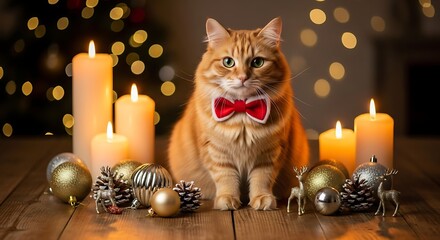 A charming orange cat wearing a red bow tie poses among glowing candles and festive Christmas ornaments, creating a warm holiday scene.


