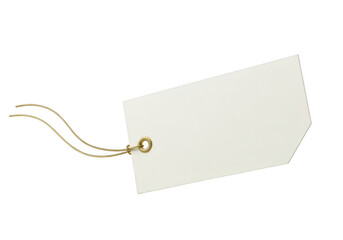 Blank white gift tag with gold string on transparent background