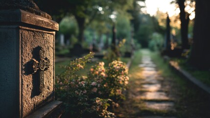 A stone cross stands beside a path in a cemetery. Flowers grow near the base of the cross. The sun sets in the background casting warm light across the scene.