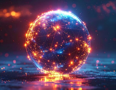 Glowing sphere with connecting lights, simulating a global digital network - Powered by Adobe