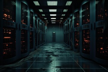 Server racks with glowing lights filling a dark data center processing information