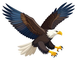 A majestic bird of prey depicted in a dynamic pose, wings spread wide, diving downwards with intent. Focus on sharp talons and keen gaze
