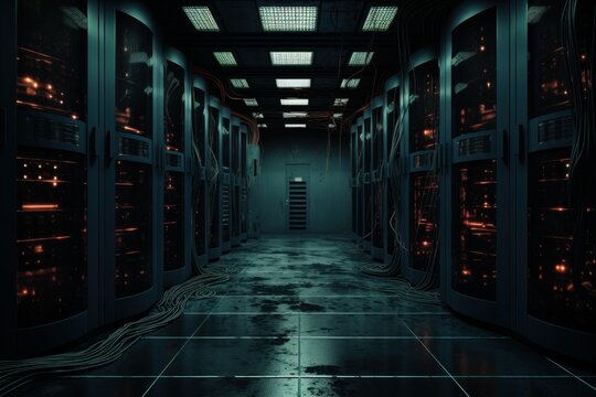 Server racks with glowing lights filling a dark data center processing information - Powered by Adobe