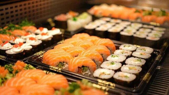 Freshly prepared salmon maki and assorted sushi rolls displayed in black plastic trays under warm indoor lighting, concept for food packaging design, restaurant menu photography and catering promotion