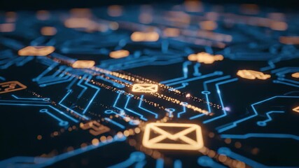 Abstract close up of a glowing blue and orange circuit board showing data streams and email icon symbols, concept for digital security, networking architecture and global data transmission - Powered by Adobe