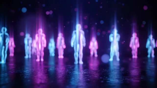 Glowing abstract human figures visualized in neon blue and purple light on a dark, reflective digital ground, concept for future technology, digital connection and virtual reality presentation
