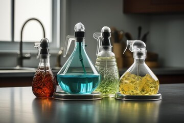 Four condiment spray bottles filled with oil and vinegar on a kitchen counter