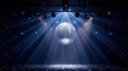 A disco ball hangs from the ceiling as bright beams of light shoot across a dance floor creating a lively atmosphere for partygoers. The venue is filled with excitement.