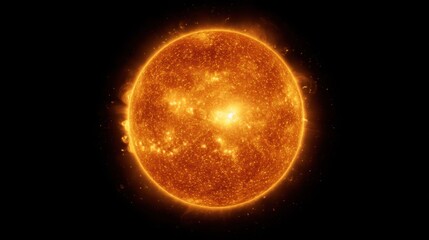 A bright sun shines in space surrounded by darkness. The surface displays bright spots and fiery details that radiate light into the universe. This view captures the sun's powerful glow.