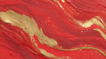 Bright red background with flowing patterns of shimmering gold creates a dynamic visual. The colors blend together in swirling lines showing the artist's technique and style.