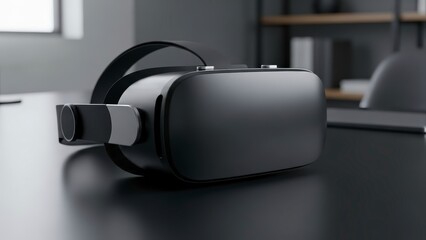 Modern VR Headset Resting on a Sleek Table Surface.